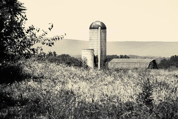 Schwarz Weiß Foto Einer Landschaft Mit Silo Und Scheune Der — Stockfoto