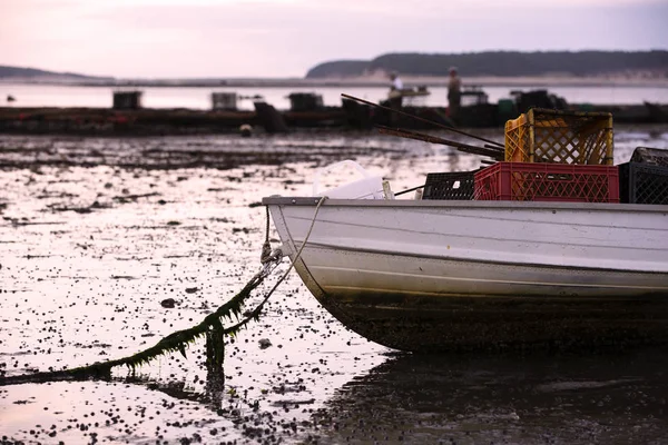 Boat in Wellfleet Harbor with oystermen in the background on Cape Cod, Wellfleet MA