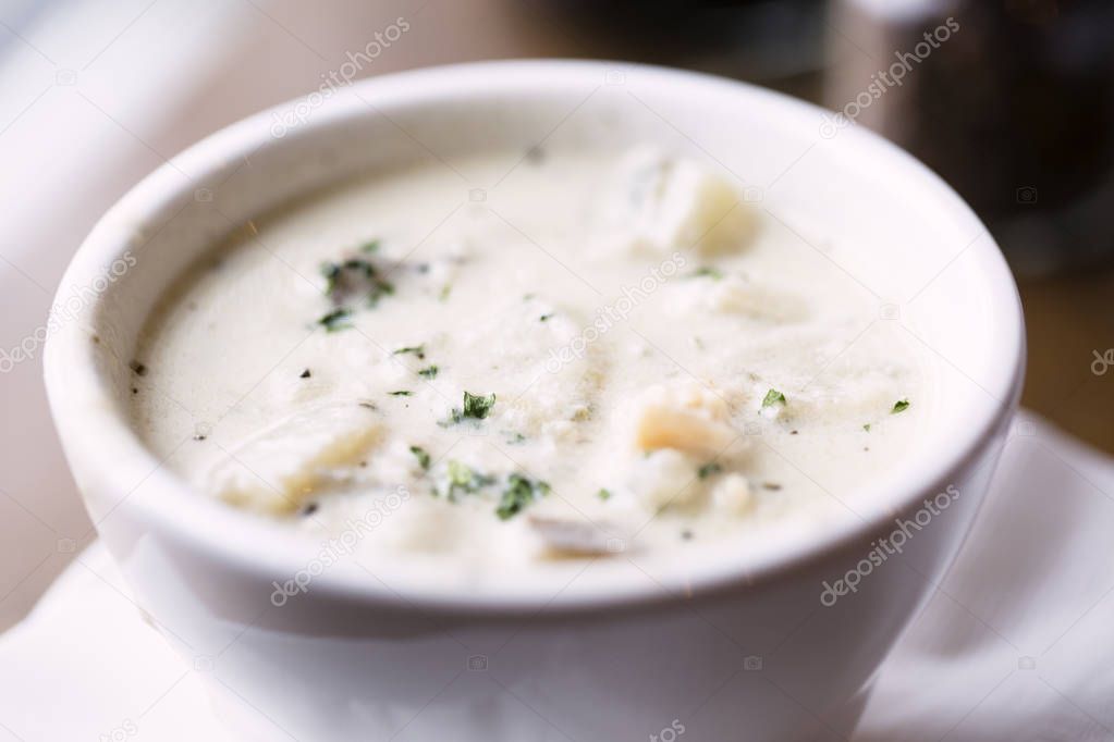 Hot bowl of New England clam chowder sprinkled with parsley, Wellfleet MA, USA