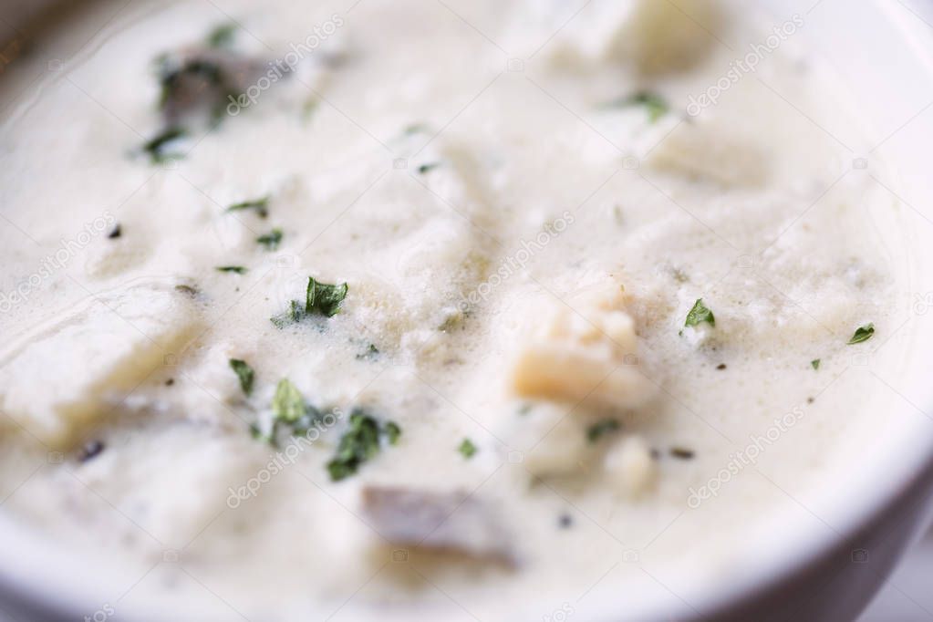 Hot bowl of New England clam chowder sprinkled with parsley, Wellfleet MA, USA