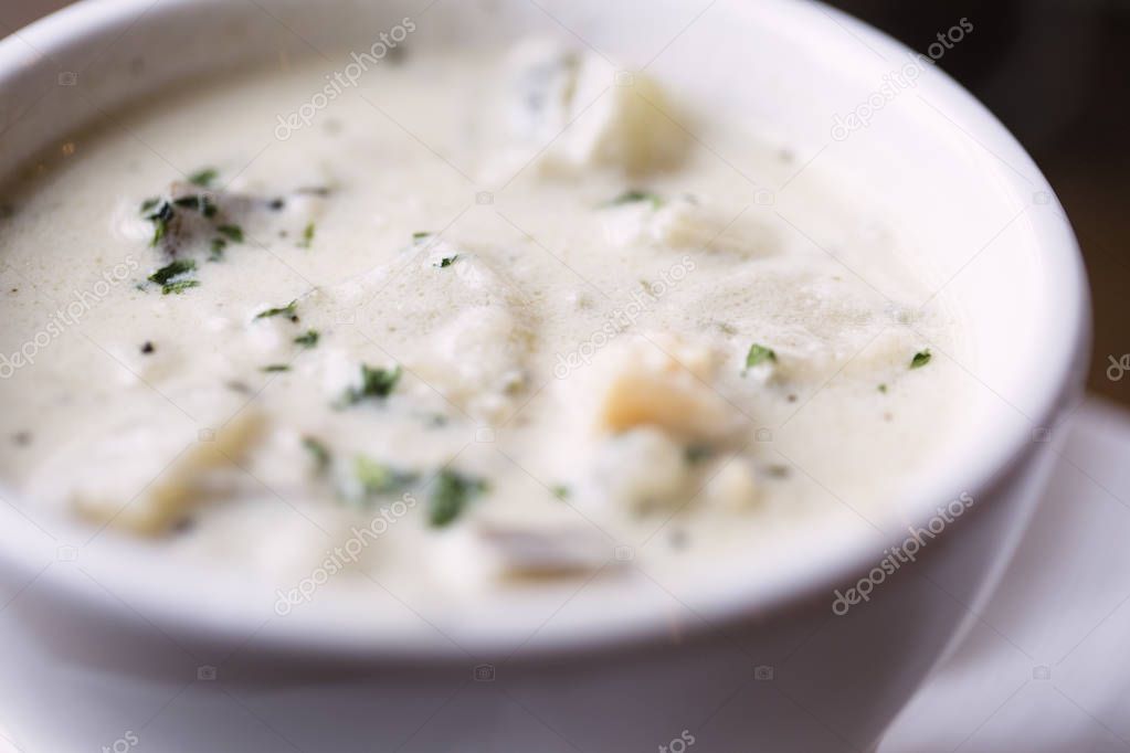 Hot bowl of New England clam chowder sprinkled with parsley, Wellfleet MA, USA