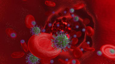 Mikroskop altında eritrositlerde Coronavirus 'un viral enfeksiyonu veya COVID-19 hücresi. Hastalık hücresi ile salgın hastalık riski konsepti. 3d resimleme.