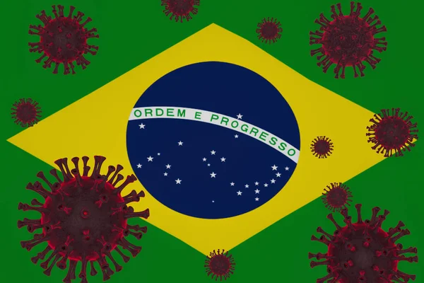 3D rendering illustration. Flag of Brazil and Coronavirus or COVID-19 cell. Pandemic medical health risk concept with disease cell in  Federative Republic of Brazil.