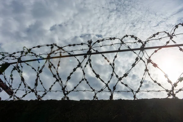 barbed wire against the sky, in dark colors, the concept of a closed border.