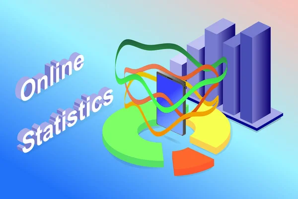 Çevrimiçi istatistik, analitik raporlama, bar grafiği, akıllı telefonun etrafında turta diyagramı, izometrik görünüm.