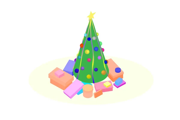 Isometric dekore edilmiş Noel ağacı hediye kutularıyla çevrili.