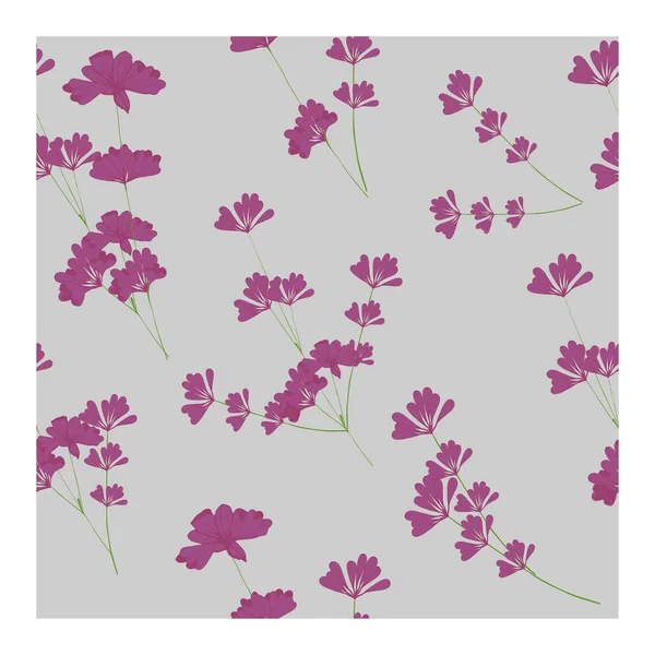 Patrón sin costuras con flores, brotes y hojas de lavanda. Estampado floral en pastel, adorno, composición con flores de color púrpura y rosa . — Vector de stock