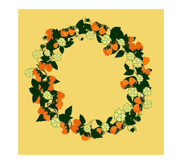 Un patrón en forma de corona con frambuesas amarillas, flores blancas y hojas verdes en forma de círculo sobre un fondo amarillo . — Vector de stock
