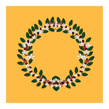 Kahve çekirdekli desenler, beyaz çiçekler, kahve ağacının yeşil yaprakları. Yeşil yaprakları, beyaz çiçekleri ve kahve çekirdekleri olan çelenk şeklinde bir desen..