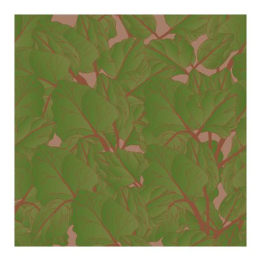 Pembe arka planda büyük yeşil ve kırmızı ravent yaprakları olan kusursuz bir desen. Yapraklı soyut desen.