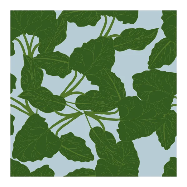 Zökkenőmentes minta nagy zöld rebarbara levelekkel, kék háttérrel. Absztrakt minta levelekkel. — Stock Vector