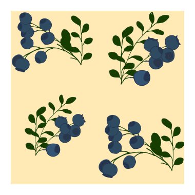 Dalların üzerinde mavi, büyük yaban mersinleri ve yeşil yapraklı çalılarla kusursuz bir desen. Böğürtlen. Yabanmersini deseni