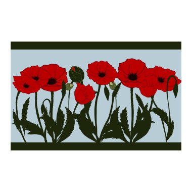 Kusursuz sınır, süs, kırmızı gelincikli tuval, çiçekler, tomurcuklar, yapraklar.