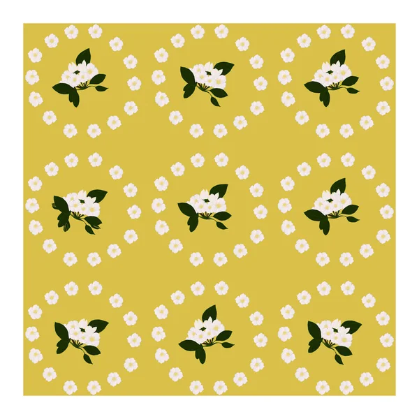 Sömlös mönster med vita blommor, knoppar och gröna blad på en gul bakgrund — Stock vektor