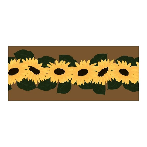Seamless border, ornament, canvas with yellow sunflowers and green leaves. Sunflowers in bouquets, woven. Flower pattern with sunflowers. Garden with flowers. Sunflowers on a brown background.. Vector illustration