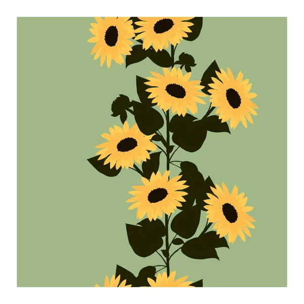 Seamless pattern with yellow sunflowers and green leaves. Sunflowers in bouquets, weaving. Flower pattern with sunflowers. Garden with flowers. Sunflowers on a gray-green background.. Vector illustration