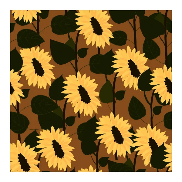 Seamless pattern with yellow sunflowers and green leaves.