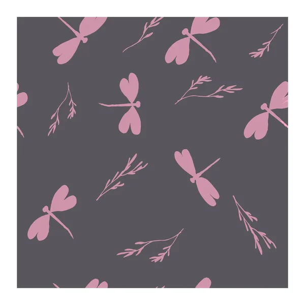 Patrón sin costuras con libélulas rosadas sobre un fondo azul. Libélula y flores, ramas . — Vector de stock