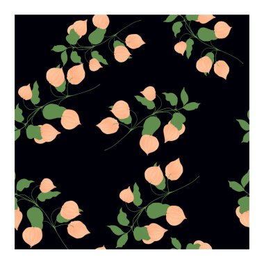 Yeşil yapraklı bir bitkinin kıvrımlı dallarında pembe fisalis çiçekleri olan kusursuz bir desen..