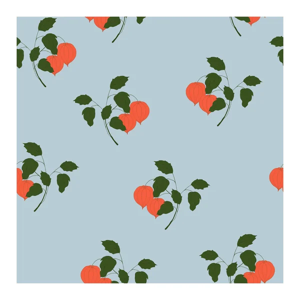 Patrón sin costura con flores de physalis rojo-naranja en ramas curvas de una planta con hojas verdes . — Vector de stock