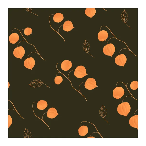 Sömlöst Mönster Med Orange Gula Blommor Physalis Böjda Grenar Växten — Stock vektor