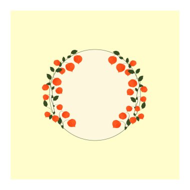 Pembe ve beyaz arka planda parlak turuncu çiçekli desen. Fizsalis bir çelenk şeklinde dizilmiştir, bir çember şeklinde. Sonbahar çiçekleri. Turuncu, sarı çiçekler. Kış kirazı. Vektör illüstrasyonu