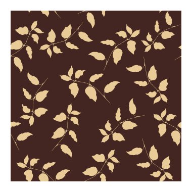 Çikolata arkaplanındaki dallarda açık bej yaprakları olan kusursuz desenler. Dallar, kahverengi arka planda yapraklar. Çiçek deseni. Soyut model. Vektör illüstrasyonu