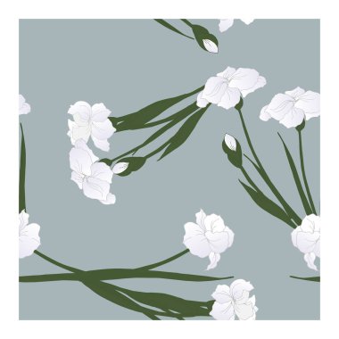 Kusursuz, soyut desenli beyaz çiçekler, taç yaprakları, mavi arka planda tomurcuklar. Beyaz çiçekli çiçek deseni. Soyut, çiçek desenli. Buketlerde beyaz nergis, vektör illüstrasyonu.