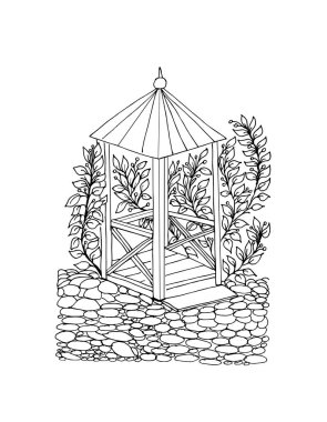 Strese karşı siyah-beyaz vektör çizimi, elle çizilmiş. Çiçekleri, yaprakları, taşları, meyveyi, böğürtlenleri ve çatıyı çizmek için bir çardak resmi. Posterler ve kitap tasarımı için uygun. Vektör illüstrasyonu