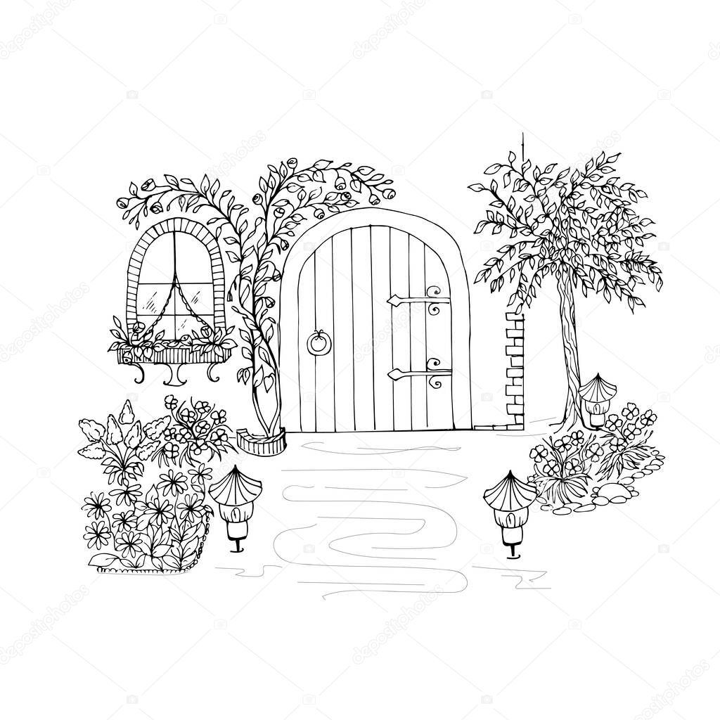 Anti-stress coloring black and white vector drawing, drawn by hand. Illustration of a house, for drawing windows, curtains, doors, lanterns, flowers and wood. Suitable for posters, postcards, stickers. Vector illustration