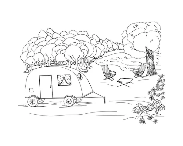 Ilustración de camping, para dibujar un coche familiar, chaise longue, lago, bosque, bayas y nubes. — Vector de stock