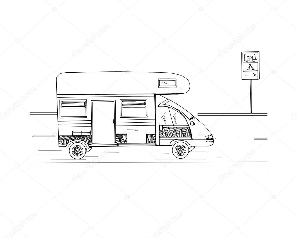  Illustration of a motorhome, for drawing a family car, road sign, road markings, and clouds.