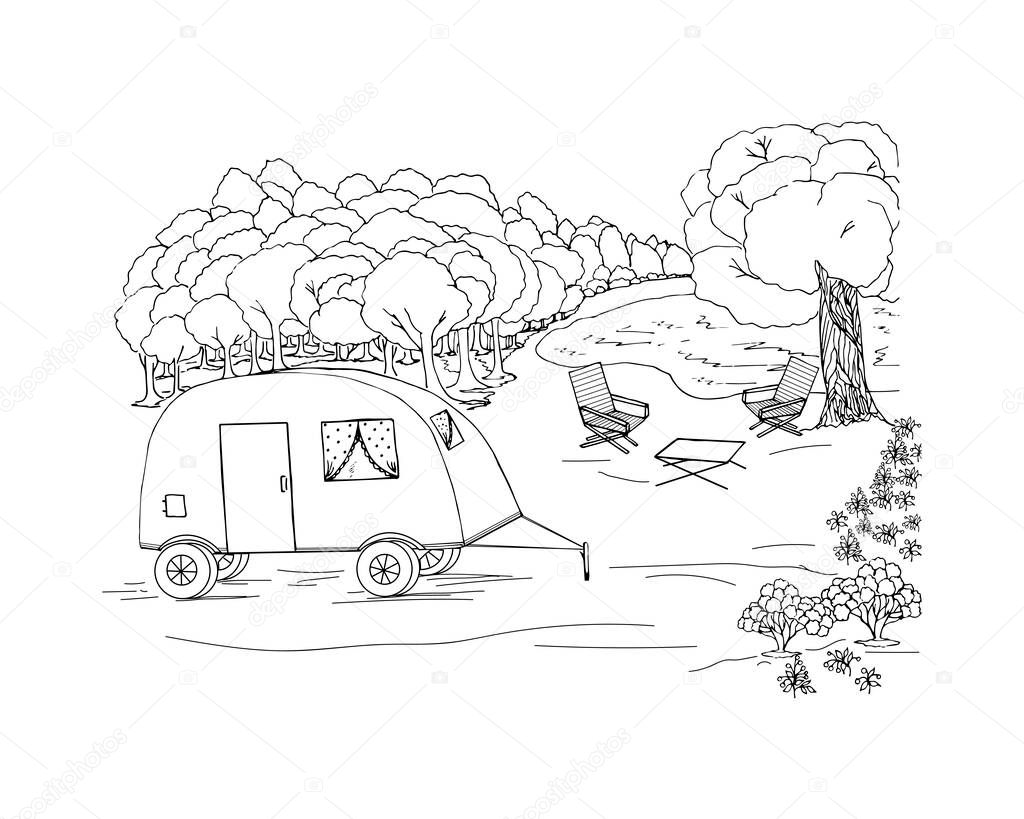 Camping illustration, for drawing a family car, chaise longue, lake, forest, berries and clouds. 