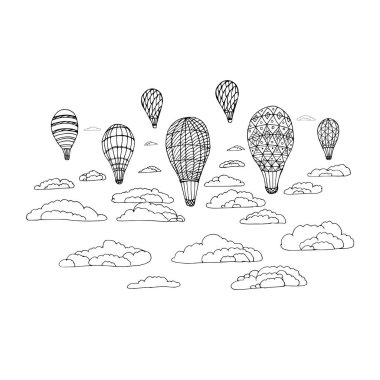  Balonların tasviri, renkli balonlar, bulutlar, desenler, sepetler için.