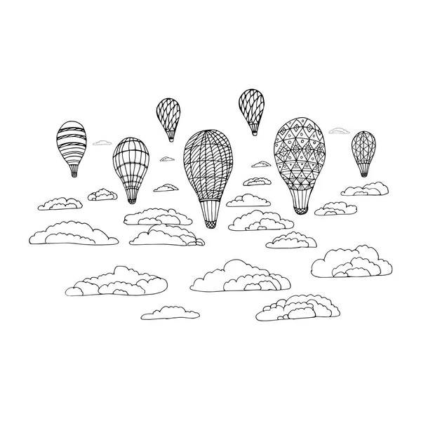 Ilustrace balónů, pro zbarvení balónů, mraků, obrazců, košů. — Stockový vektor