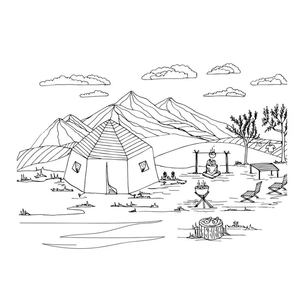  Dağları boyamak için bir çadır, kamp ateşi, barbekü, şezlong.