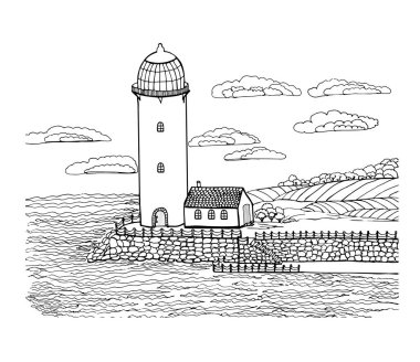  Deniz fenerinin tasviri, seti, denizi, evi, tarlaları, ormanı, merdivenleri boyamak için..