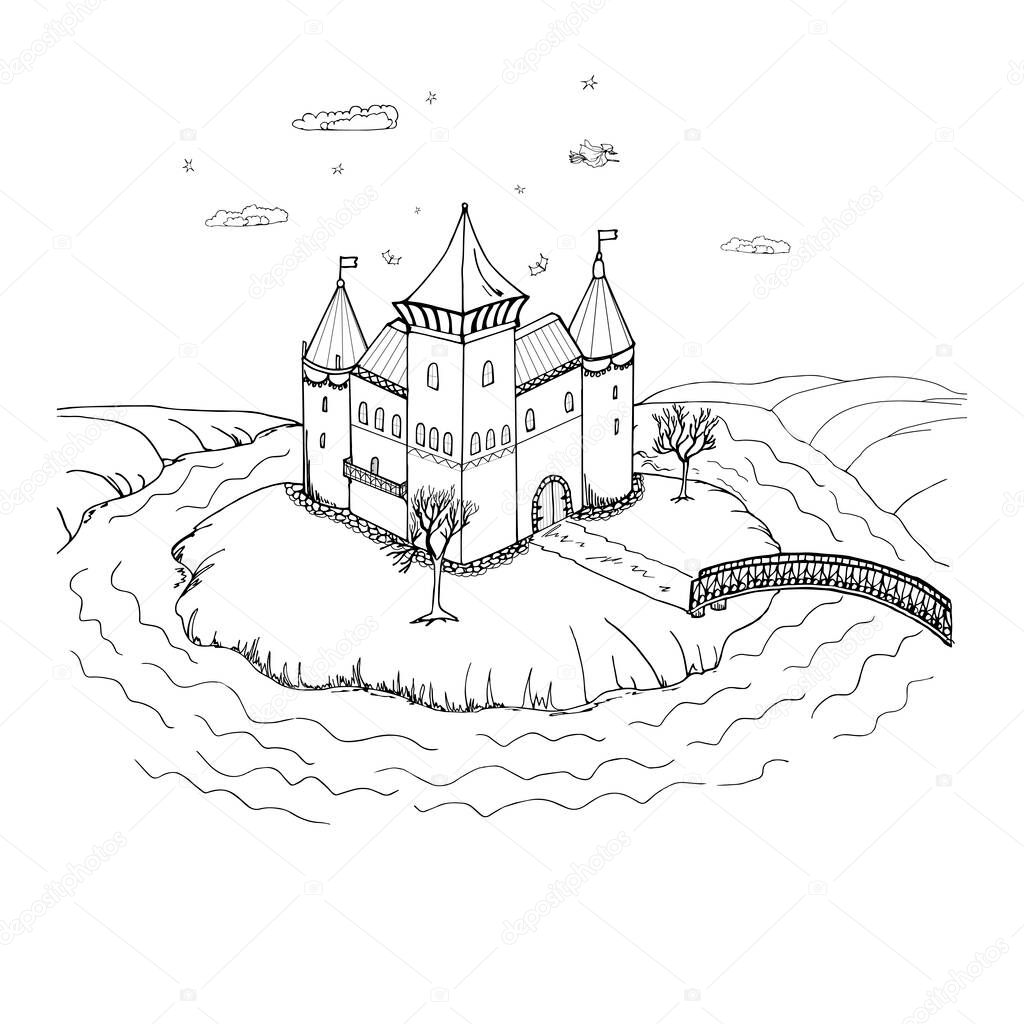 Halloween coloring book with an old castle