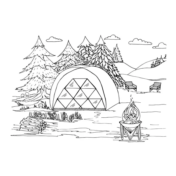 Coloriage camping avec tente, feu, bois, chaises longues, arbres dans la forêt, champignons. — Image vectorielle