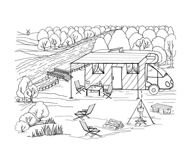 Coloriage camping avec camping-car, panneau solaire, feu de camp, cuisine d'été, forêt, bois de chauffage — Image vectorielle