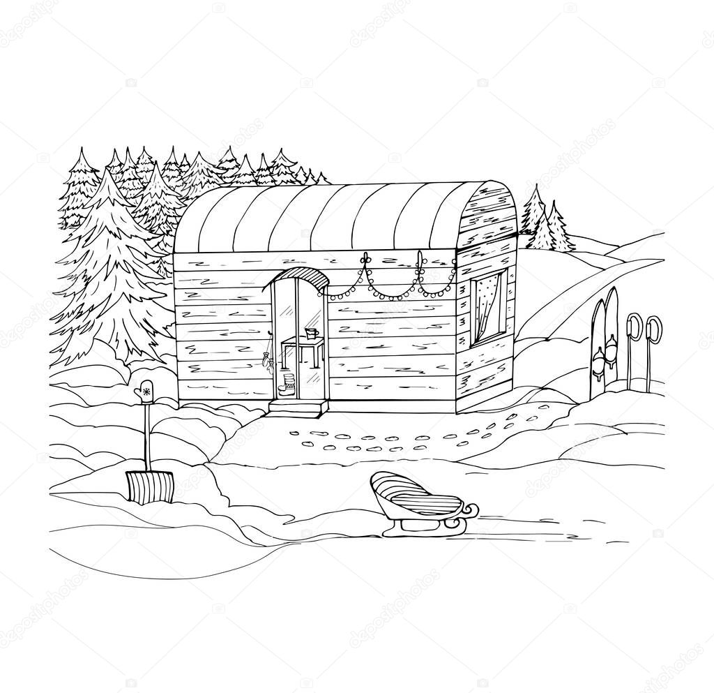 Coloring book camping in winter with a house, skis, sled, snow, forest, shovel.