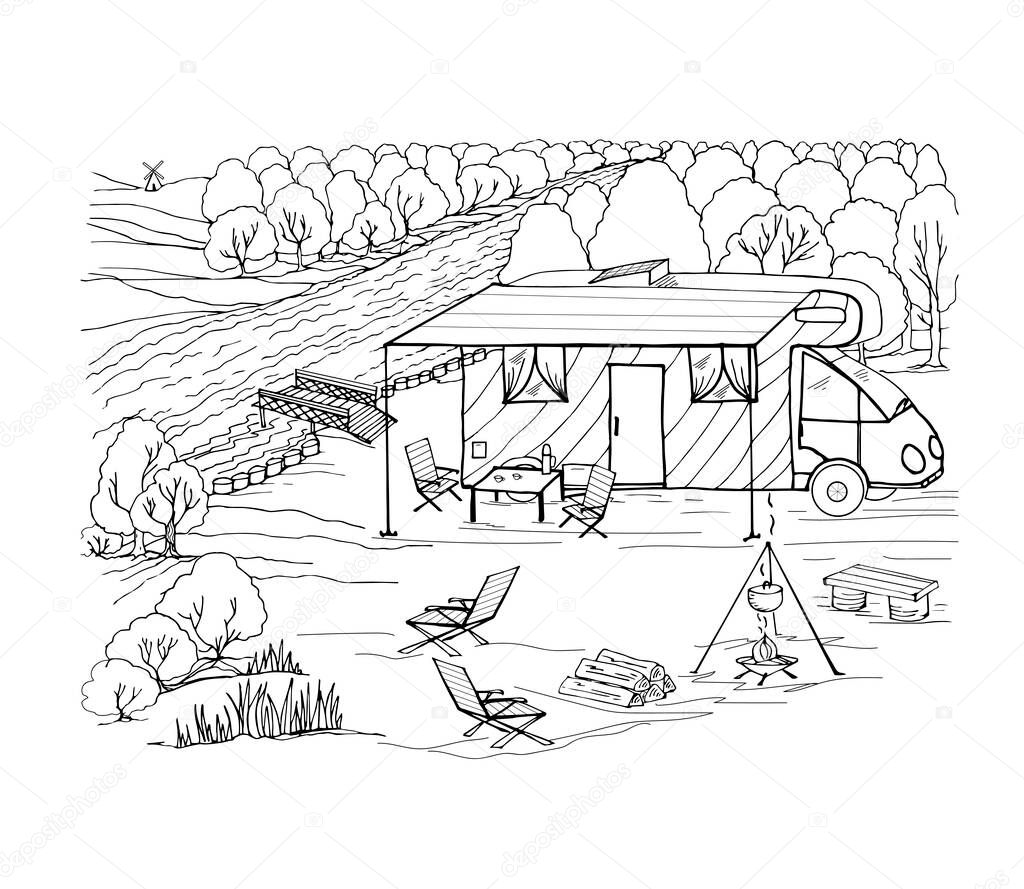 Coloring book camping with a motorhome, solar panel, campfire, summer kitchen, forest, firewood