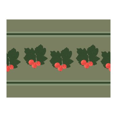 Kırmızı bektaşi üzümlü kusursuz sınır, gri arka planda yeşil yapraklar..