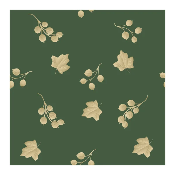Patrón sin costuras con bayas de grosella, hojas doradas sobre un fondo verde oscuro. — Vector de stock
