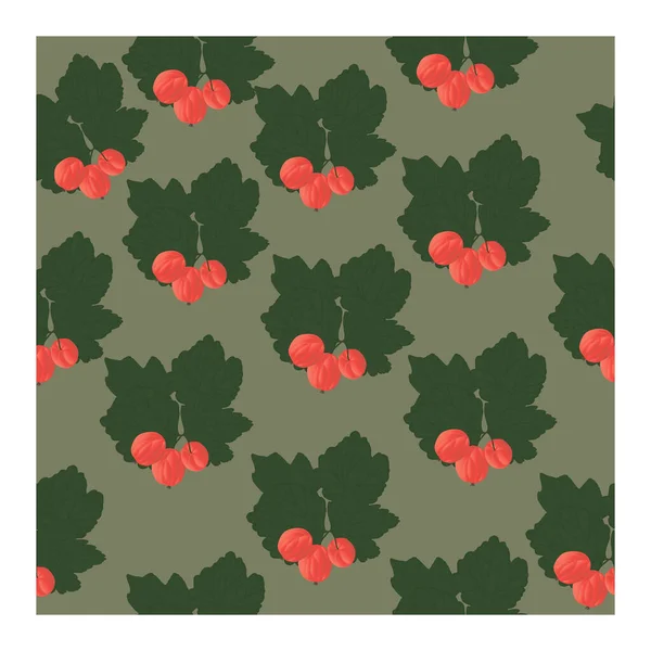 Patrón sin costuras con bayas de grosella roja y hojas verdes sobre un fondo gris. — Vector de stock
