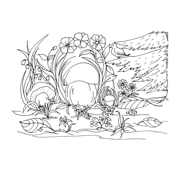 흑색과 흰색 벡터 그림에 베투스 버섯, 새, 식물, 꽃으로 숲을 개간하는 모습. — 스톡 벡터