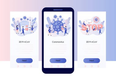 Coronavirus konsepti. Yeni Coronavirus 2019-NCoV 'u durdurun. COVID-19 önleme. Beyaz tıbbi maske takan küçük insanlar. Cep telefonu için ekran şablonu. Modern düz çizgi film tarzı. Vektör