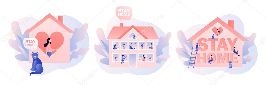 Stay at home. Quarantine and self-isolation concept. Global viral epidemic or pandemic. Tiny people at house. Modern flat cartoon style. Vector illustration on white background