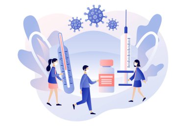 Coronavirus konsepti. Yeni Coronavirus 2019-NCoV 'u durdurun. COVID-19 önleme. Büyük beyaz tıbbi maskeli küçük insanlar. Modern düz çizgi film tarzı. Beyaz arkaplanda vektör illüstrasyonu