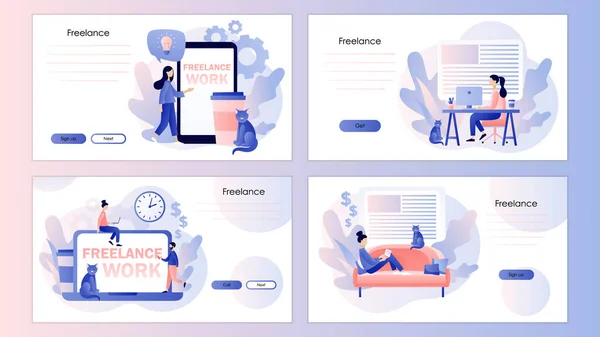 Concepto de trabajo independiente. La gente pequeña trabaja en la oficina del hogar. Plantilla de pantalla para teléfono inteligente móvil, landing page, plantilla, ui, web, aplicación móvil, póster, banner, volante. Moderno estilo de dibujos animados planos. Vector — Archivo Imágenes Vectoriales